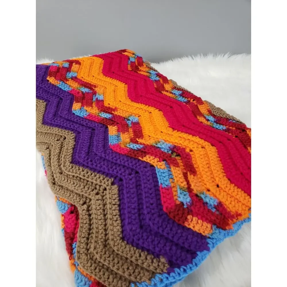 Vintage Afghan Throw blanket retro decor grandma cottage rainbow LGBT‎ colorful
